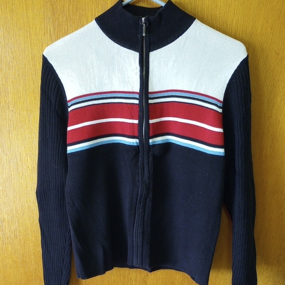 Style & Co. Small Petite Black and Red Zip Up Striped Cotton Cardigan Sweater